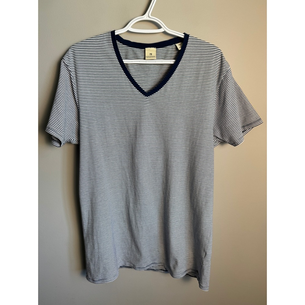 Scotch & Soda Mens Blue/White Striped V-Neck T-Shirt L Nautical Preppy Classic